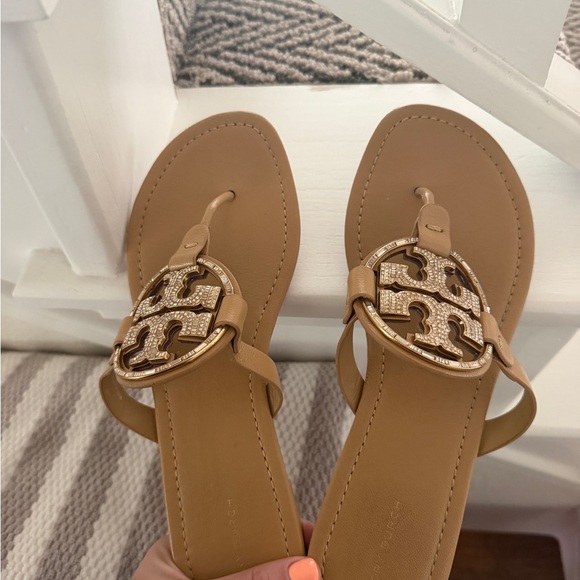 Tory Burch Shoes - Tory Burch Miller Deco Sandal Tan Leather Logo with Gold Medallion